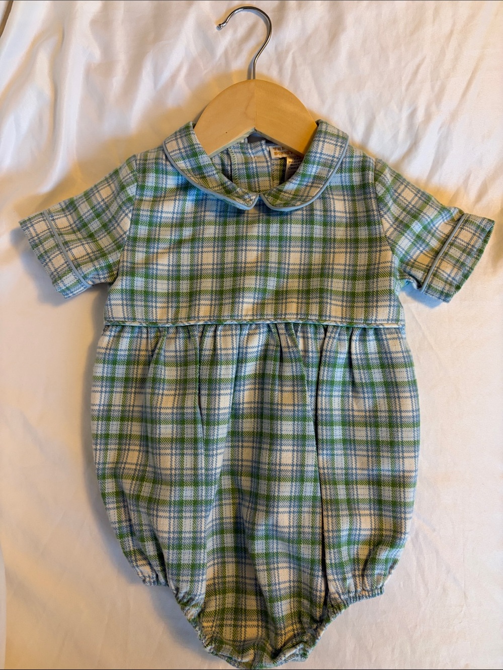 The Beaufort Bonnet Company Green and Blue Plaid Bubble Romper